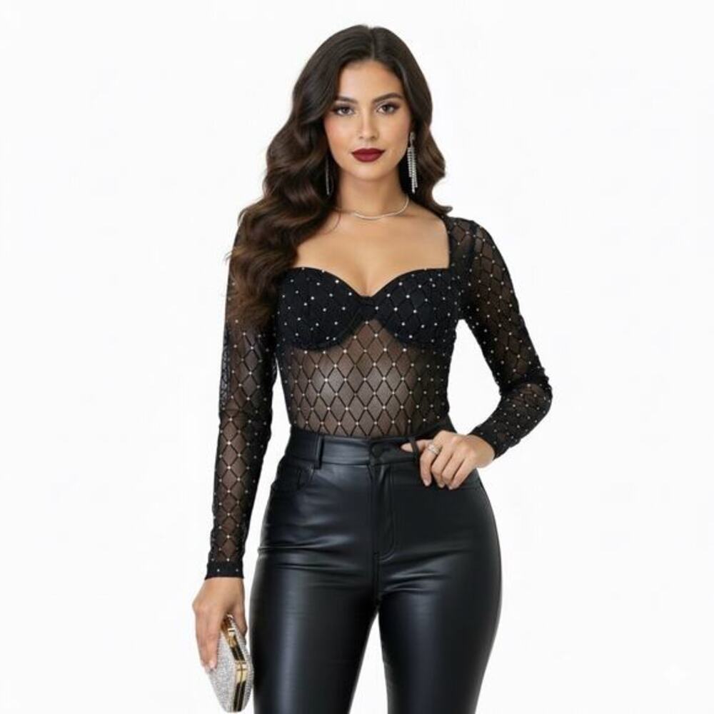Blashe Mesh Rhinestone‎ Bodysuit Womens L Black Sheer Long Sleeve Sexy Night Out